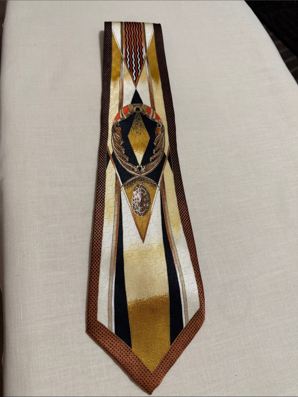 Enrico Capucci Vintage Geometric Art Deco 100% Silk Tie in Gold, Black & Brown